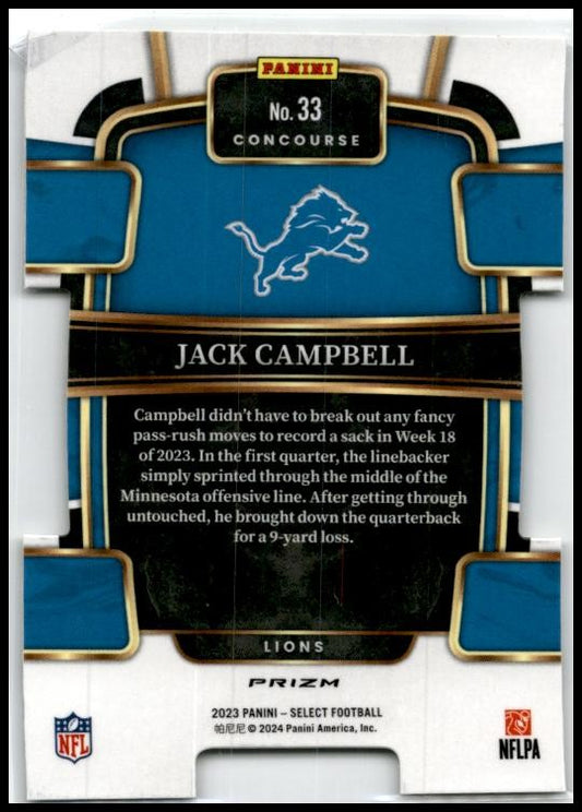 2023 Panini Select Silver Prizms Die Cuts #33 Jack Campbell Rookie Detroit Lions