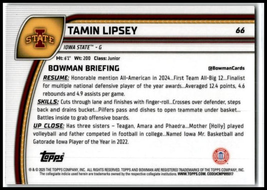 2024-25 Bowman University Chrome Black Wave Refractor #66 Tamin Lipsey Cyclones