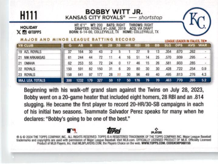 2024 Topps Holiday Antlers #H111b Bobby Witt Jr. Kansas City Royals