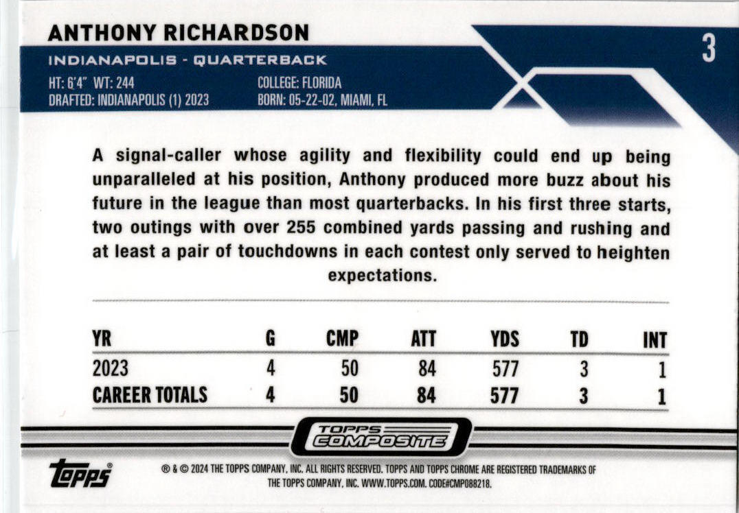 2023 Topps Composite #3 Anthony Richardson Rookie Indianapolis Colts
