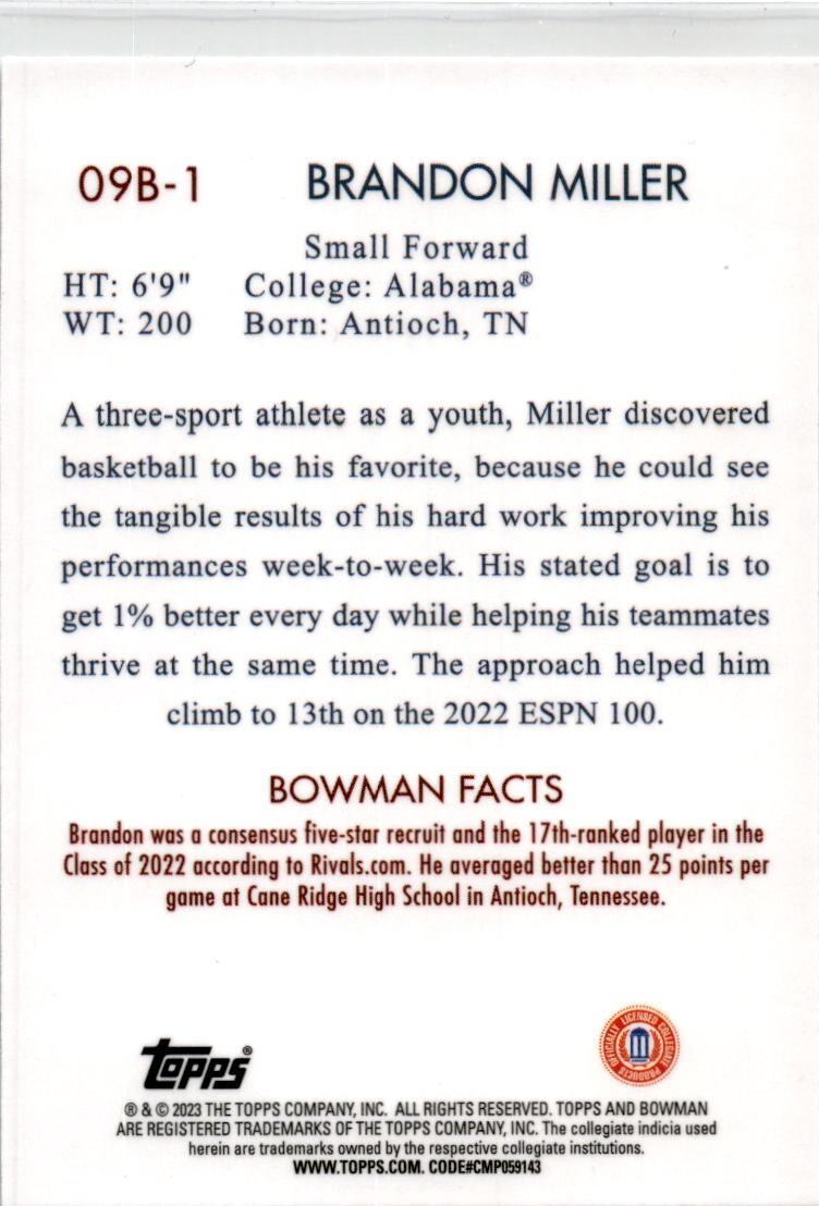 2022-23 Bowman University Chrome 2009 Bowman #09B-1 Brandon Miller Crimson Tide