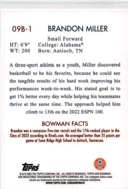2022-23 Bowman University Chrome 2009 Bowman #09B-1 Brandon Miller Crimson Tide