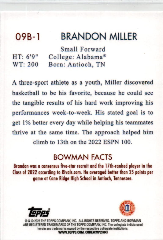 2022-23 Bowman University Chrome 2009 Bowman #09B-1 Brandon Miller Crimson Tide