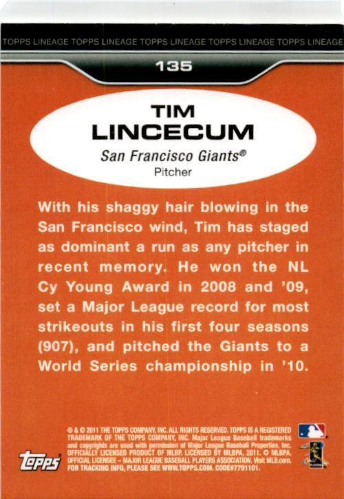 2011 Topps Lineage Topps Cloth Stickers #TCS40 Tim Lincecum San Francisco Giants