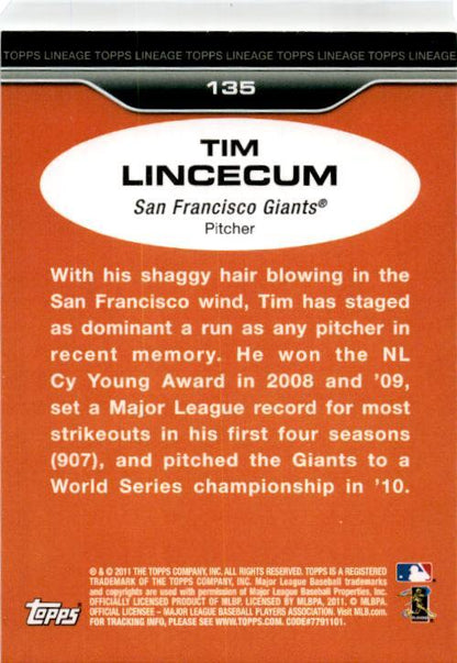 2011 Topps Lineage Topps Cloth Stickers #TCS40 Tim Lincecum San Francisco Giants