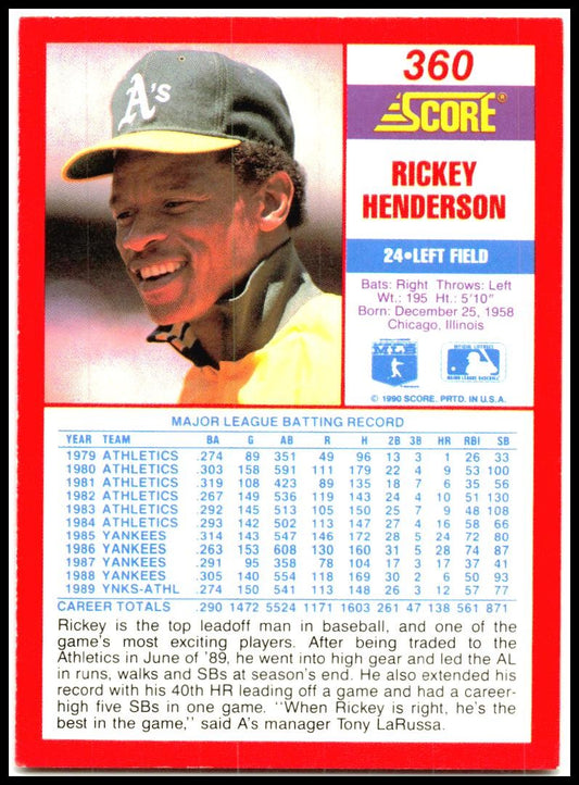 1990 Score #360 Rickey Henderson Oakland Athletics