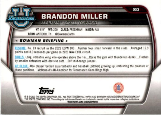 2022-23 Bowman University Chrome #80 Brandon Miller Alabama Crimson Tide