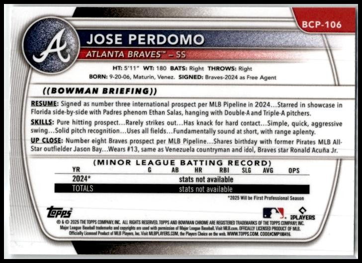 2025 Bowman Chrome Prospects #BCP-106 Jose Perdomo Atlanta Braves