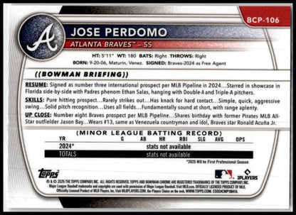 2025 Bowman Chrome Prospects #BCP-106 Jose Perdomo Atlanta Braves