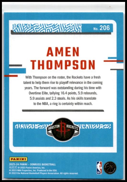 2023-24 Panini Donruss #206 Amen Thompson Rookie Houston