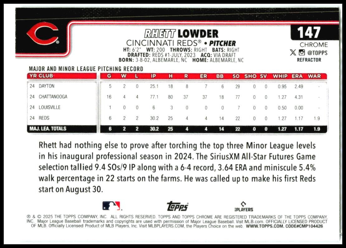 2025 Topps Chrome Refractors #147 Rhett Lowder Rookie Cincinnati Reds