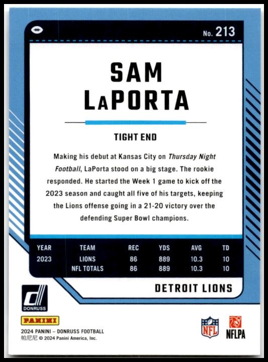 2024 Donruss #213 Sam LaPorta Detroit Lions
