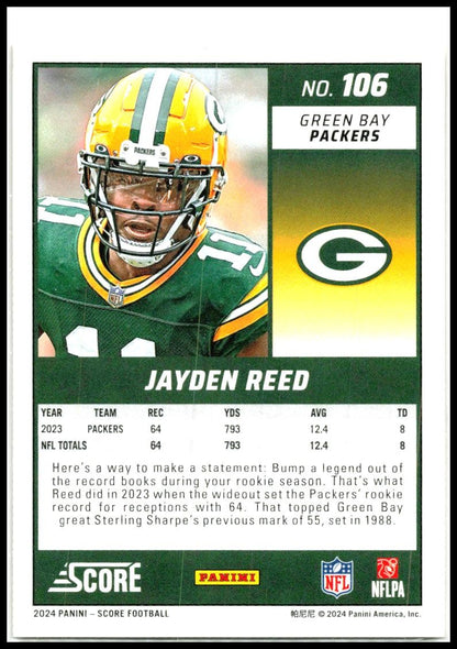 2024 Score Lava #106 Jayden Reed #/630 Green Bay Packers