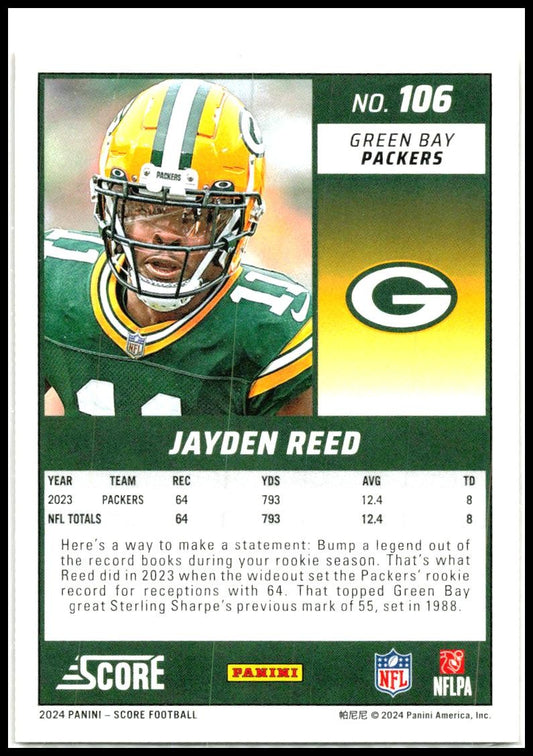 2024 Score Lava #106 Jayden Reed #/630 Green Bay Packers