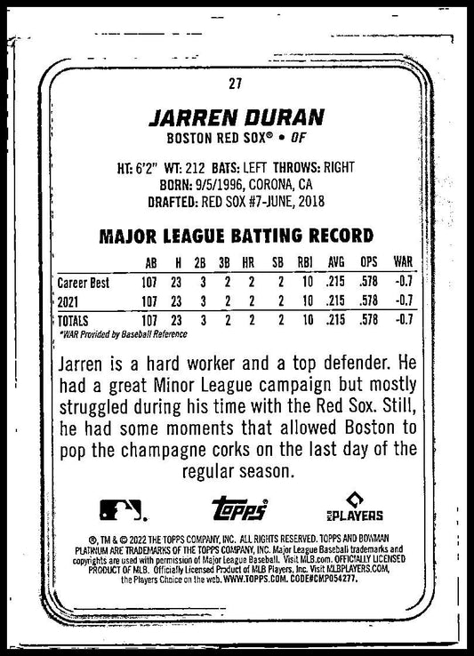 2022 Bowman Platinum #27 Jarren Duran Rookie Boston Red Sox
