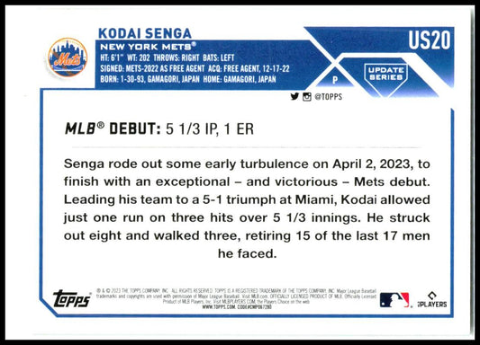 2023 Topps Update #US20 Kodai Senga New York Mets