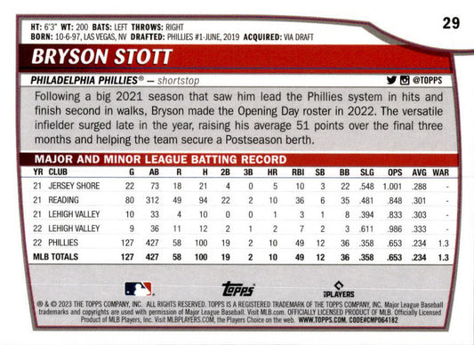 2023 Topps Big League #29 Bryson Stott Philadelphia Phillies