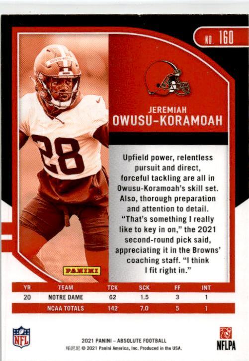2021 Panini Absolute Retail #160 Jeremiah Owusu-Koramoah Rookie Cleveland Browns