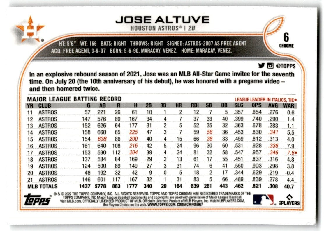 2022 Topps Chrome Jose Altuve Houston Astros #6