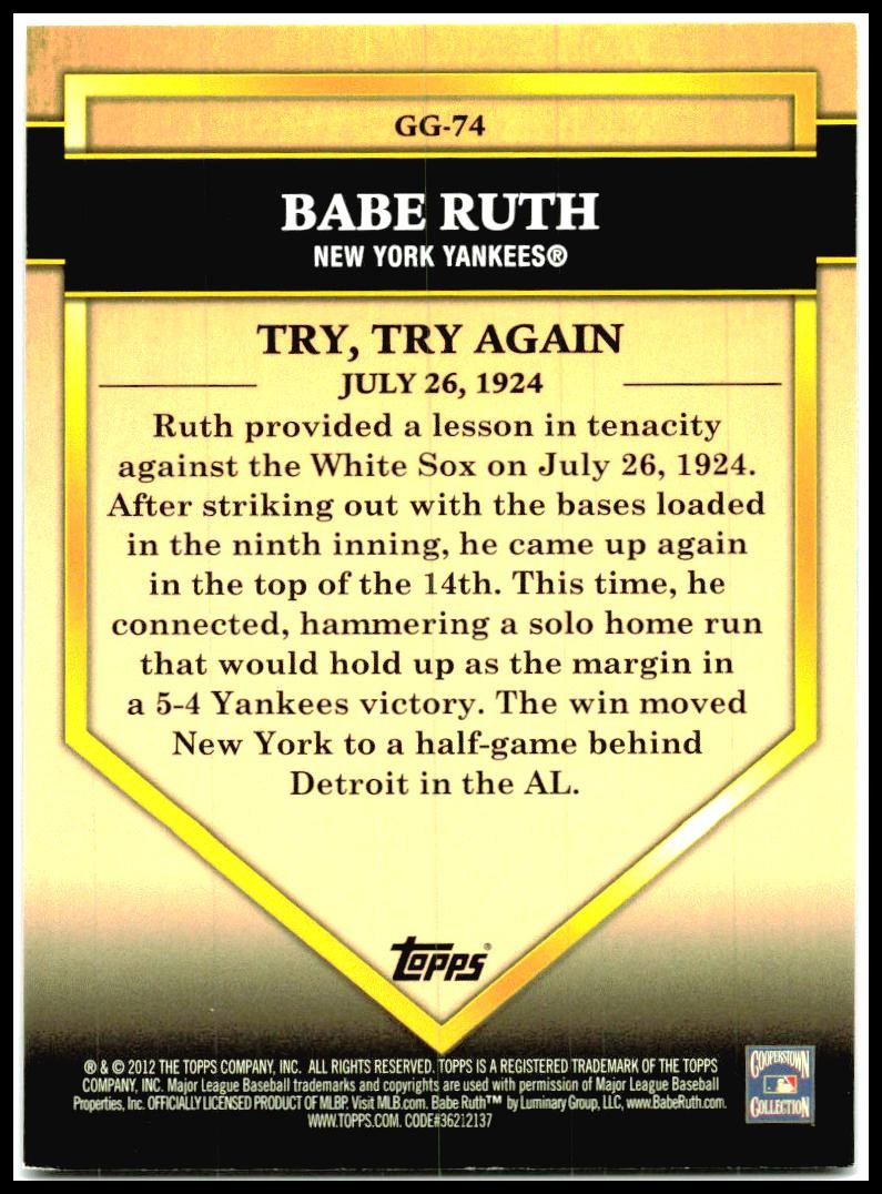 2012 Topps Golden Greats #GG-74 Babe Ruth New York Yankees