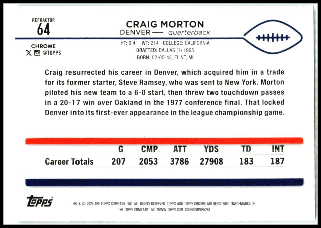 2024 Topps Chrome Refractor #64 Craig Morton Denver Broncos