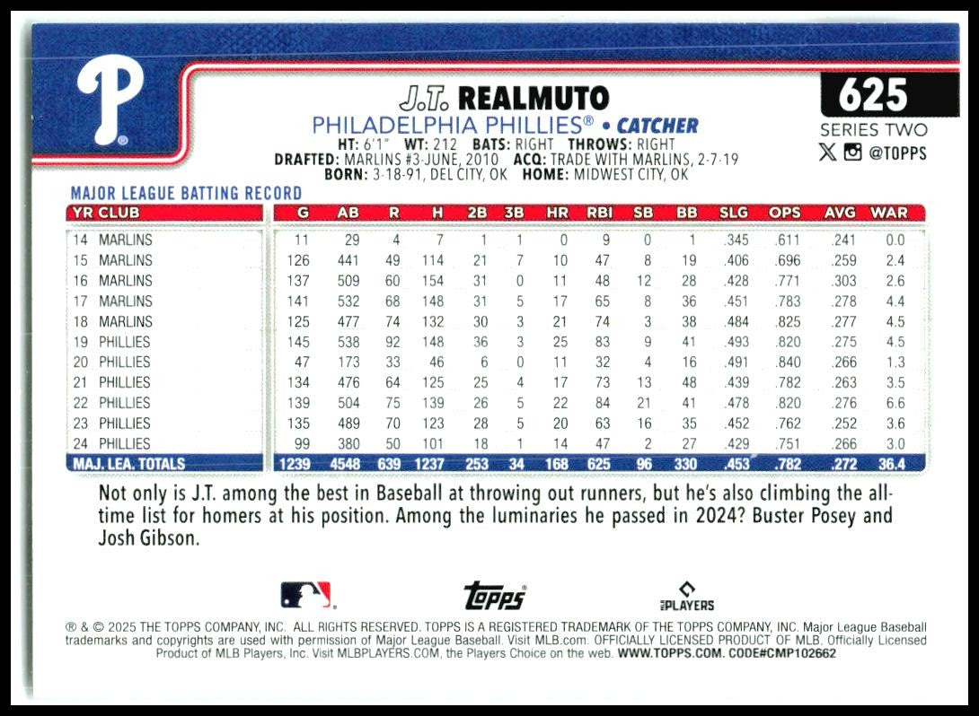 2025 Topps #625 J.T. Realmuto Philadelphia Phillies