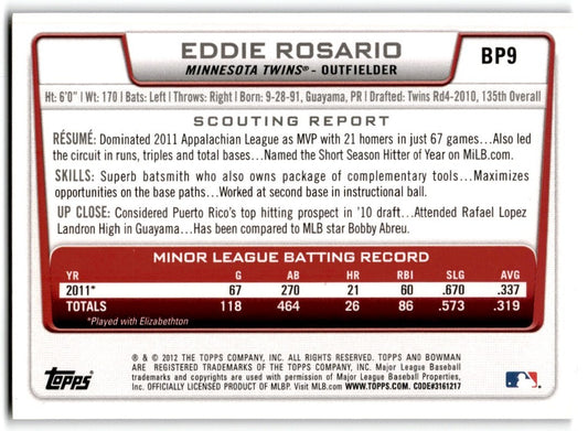 2012 Bowman Prospects Purple Eddie Rosario Minnesota Twins #BP9