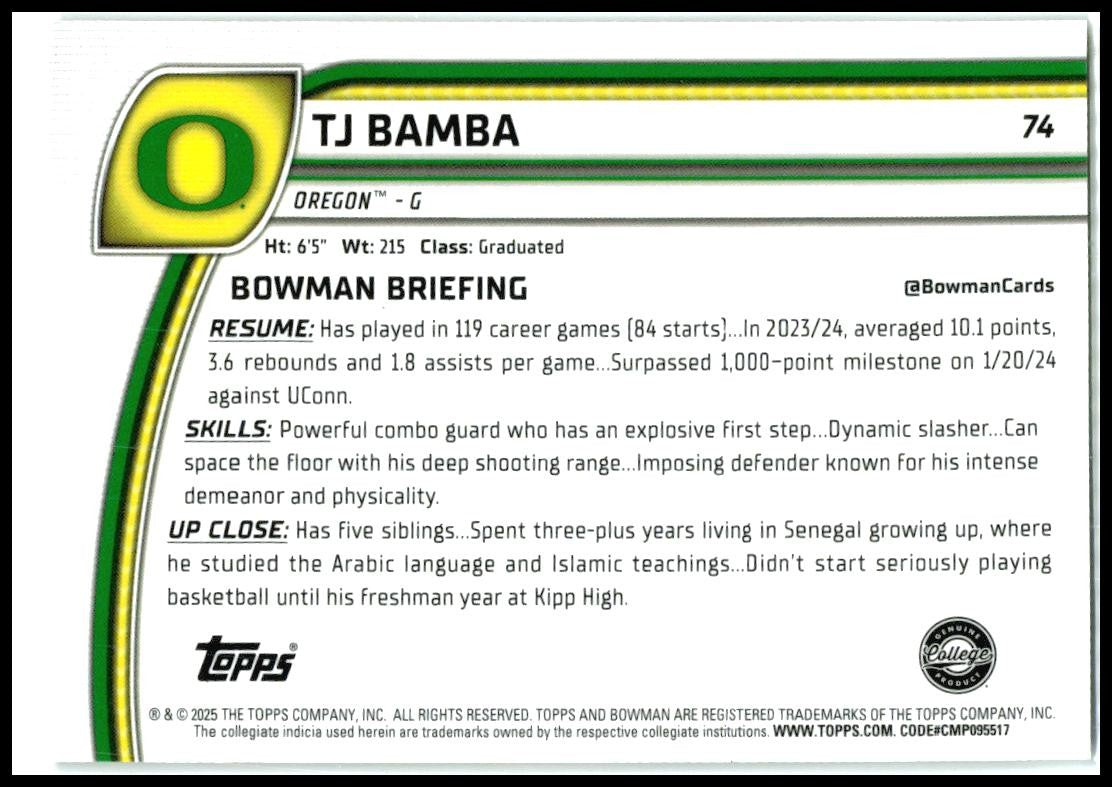2024-25 Bowman University Chrome Black Wave Refractor #74 TJ Bamba Oregon Ducks