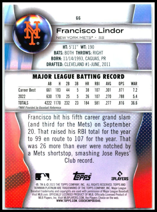 2023 Bowman Platinum #66 Francisco Lindor New York Mets