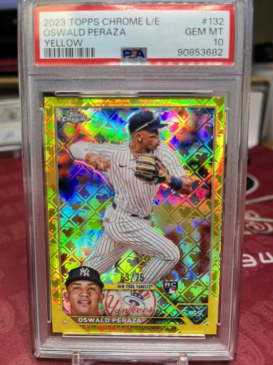 2023 Topps Chrome Logofractor Edition Yellow #132 Oswald Peraza RC /75 PSA 10