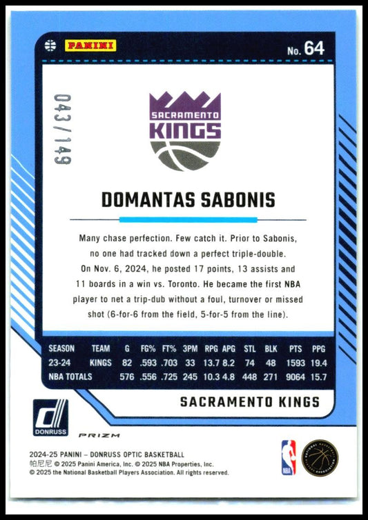 2024-25 Donruss Optic Lime Green #64 Domantas Sabonis #/149 Sacramento Kings