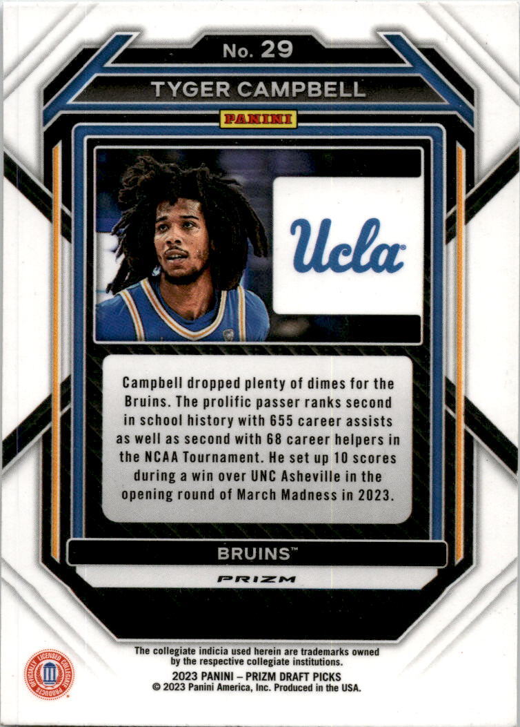 2023 Panini Prizm Draft Picks Silver #29 Tyger Campbell UCLA Bruins