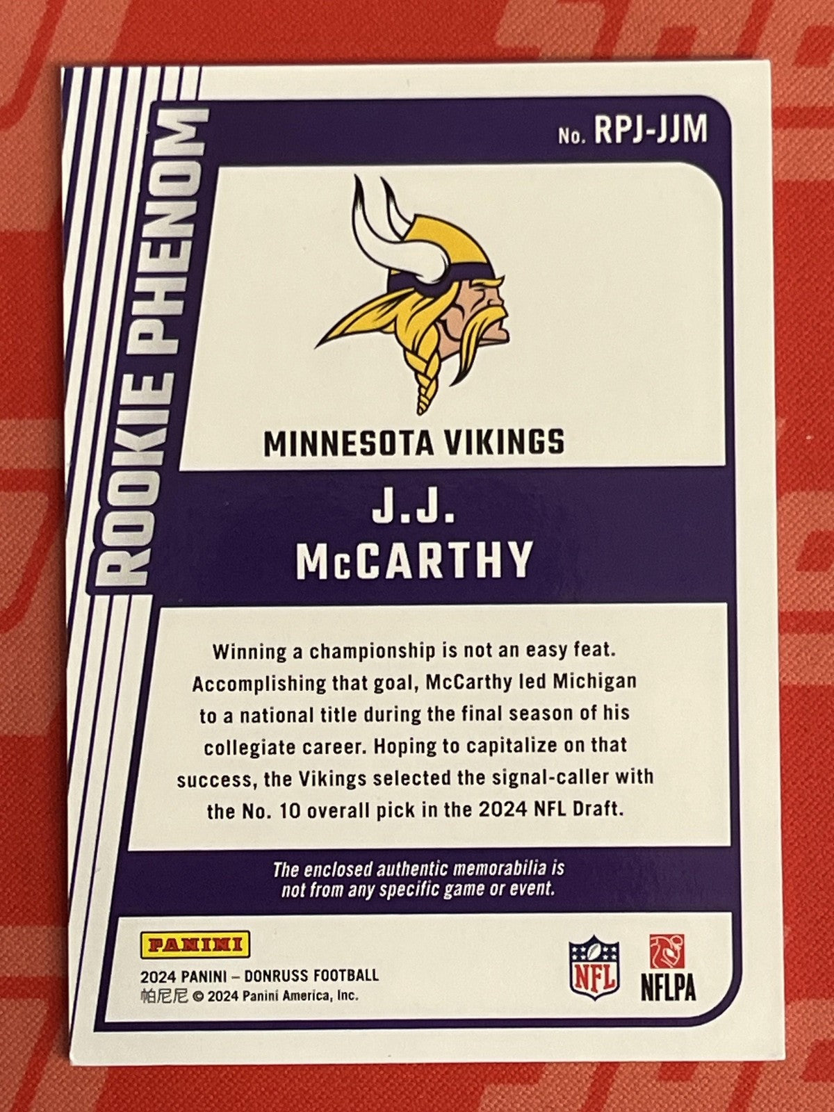 2024 Donruss Rookie Phenom Jerseys #RPJ-JJM J.J. McCarthy Minnesota Vikings