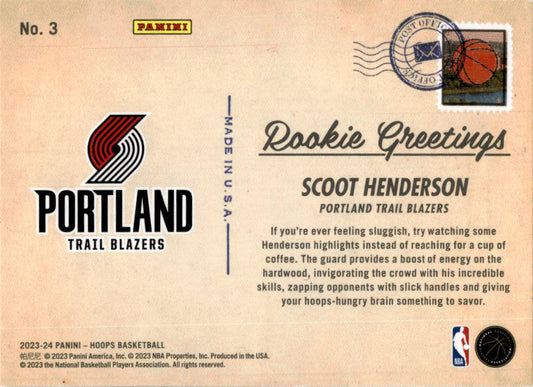 2023-24 Hoops Rookie Greetings #3 Scoot Henderson Portland Trail Blazers