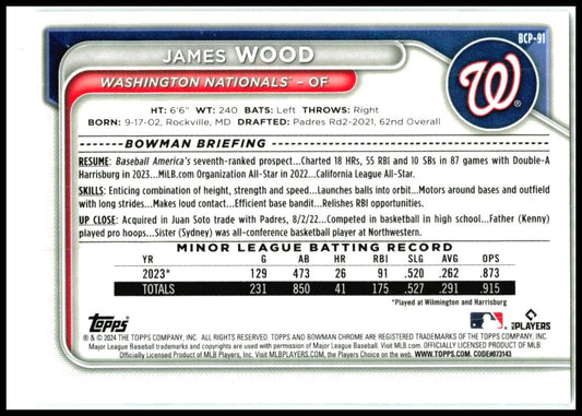 2024 Bowman Chrome Prospects #BCP-91 James Wood Washington Nationals