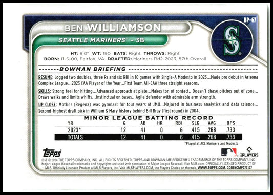 2024 Bowman #BCP-67 Ben Williamson Seattle Mariners