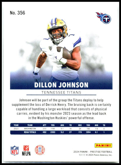 2024 Panini Prestige #356 Dillon Johnson Rookie Tennessee Titans