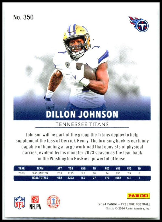 2024 Panini Prestige #356 Dillon Johnson Rookie Tennessee Titans