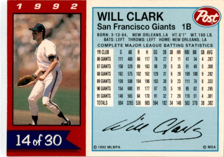 1992 Post Cereal #14 Will Clark San Francisco Giants
