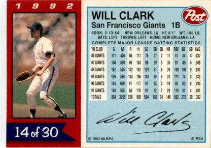 1992 Post Cereal #14 Will Clark San Francisco Giants
