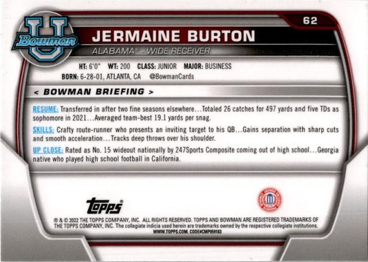 2022 Bowman Chrome University #62 Jermaine Burton Alabama Crimson Tide