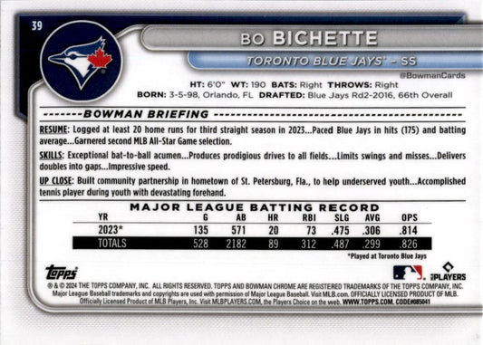 2024 Bowman Chrome #39 Bo Bichette Toronto Blue Jays