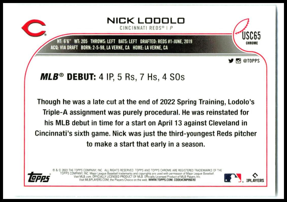 2022 Topps Chrome Update #USC65 Nick Lodolo Cincinnati Reds