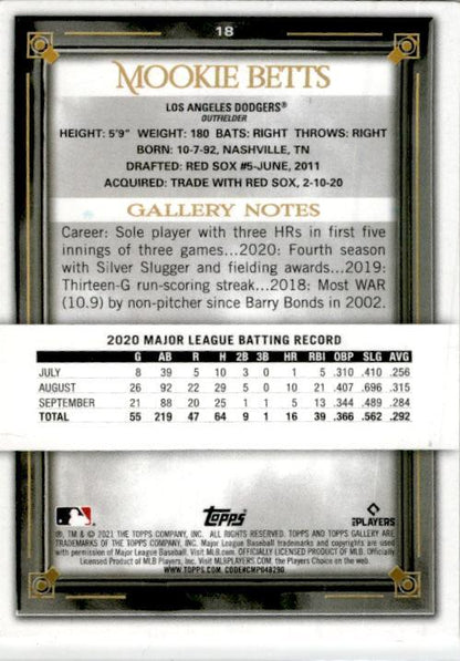 2021 Topps Gallery Printer Proof #18 Mookie Betts Los Angeles Dodgers
