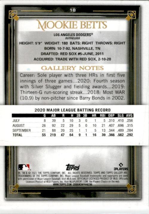 2021 Topps Gallery Printer Proof #18 Mookie Betts Los Angeles Dodgers