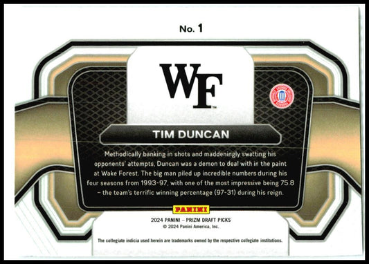 2024 Panini Prizm Draft Picks Campus Legends #1 Tim Duncan Spurs