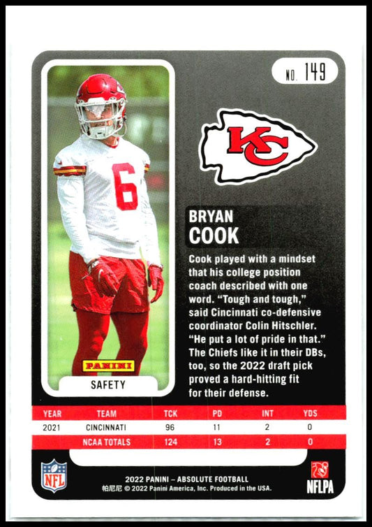 2022 Panini Absolute Retail #149 Bryan Cook Rookie Kansas City Chiefs