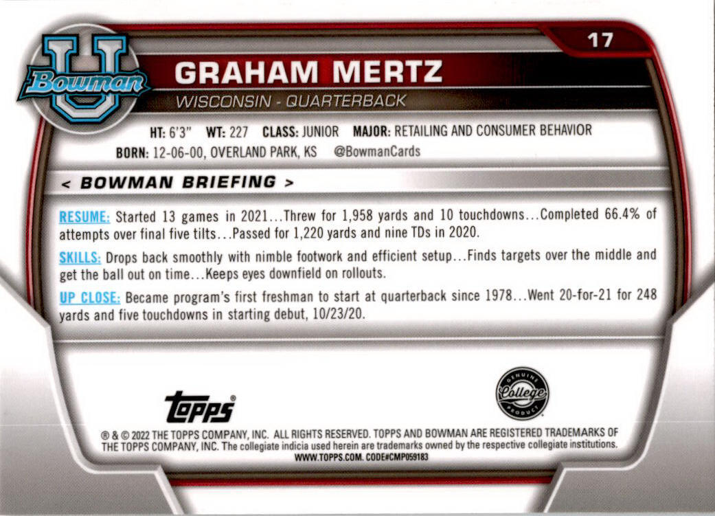 2022 Bowman Chrome University #17 Graham Mertz Wisconsin Badgers