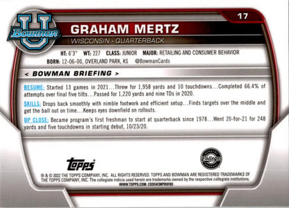 2022 Bowman Chrome University #17 Graham Mertz Wisconsin Badgers