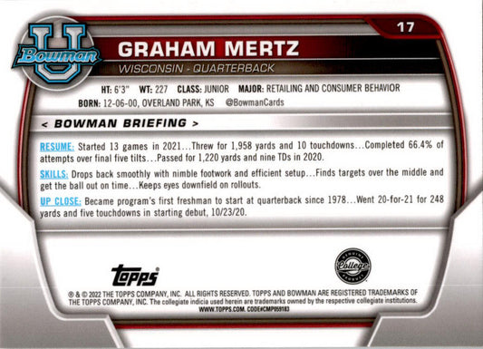 2022 Bowman Chrome University #17 Graham Mertz Wisconsin Badgers